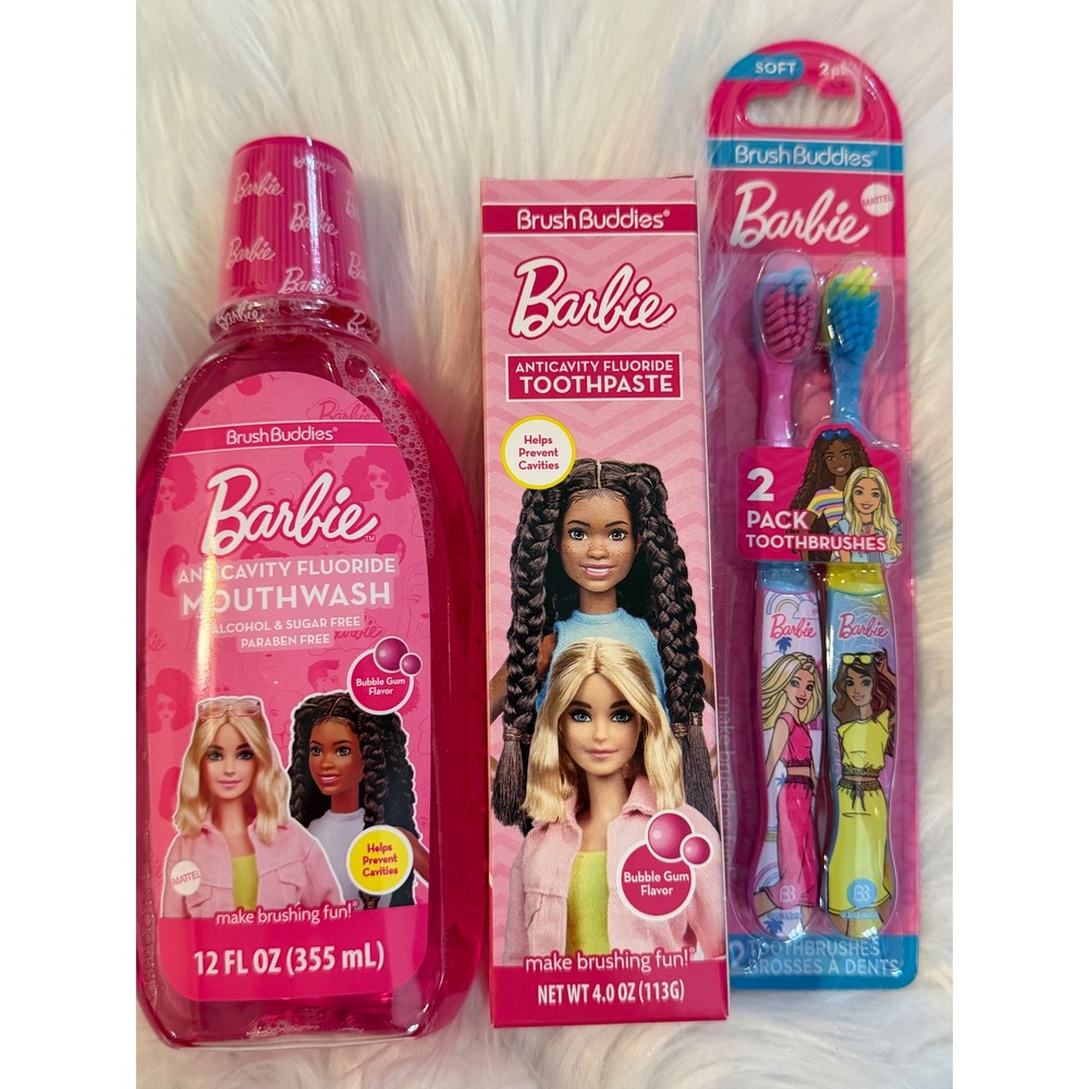 Barbie Brush Buddies Dental Set Mouthwash Toothpaste 2pk Toothbrushes Bubble Gum